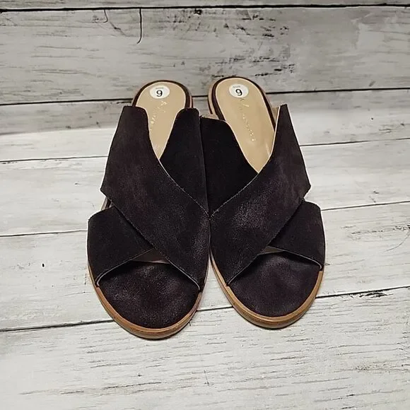 Anthropologie Criss-Cross Brown Suede Block Heel Slip-on Sandals Mules Sz 9 - Picture 9 of 10